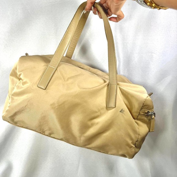 Authentic Golden/ Beige Nylon Prada Mini/ Medium Duffel Bag with Prada Emblem - Picture 2 of 4